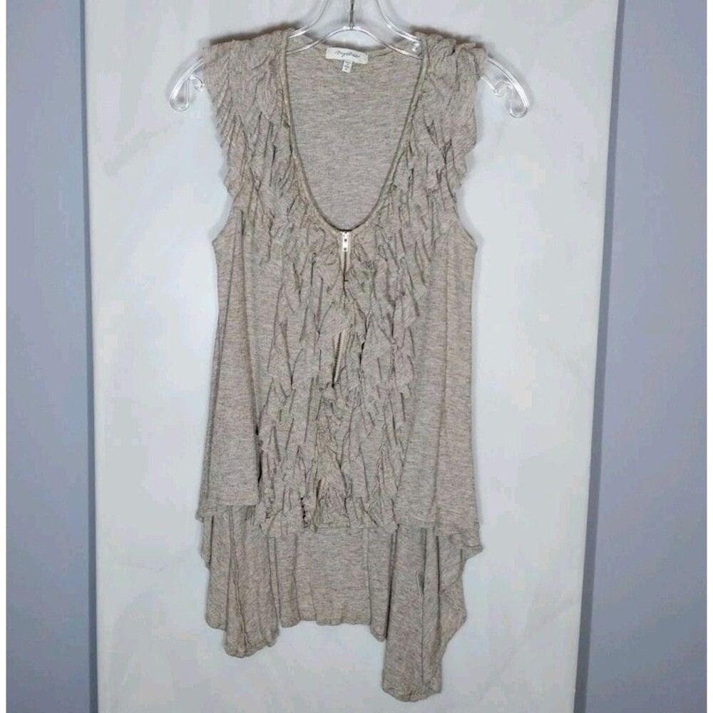 Womens Boho Ruffle Tunic Tank Top M Taupe Zip Front High Low Hem Flowy Festival